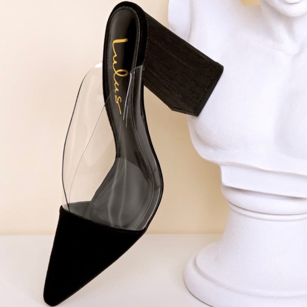 Lulu’s block heels, slide on, suede, black with clear, 8 1/2